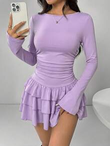 SHEIN EZwear 女士优雅薰衣草色荷叶边长袖连衣裙 - 淡紫色 - 查看 3