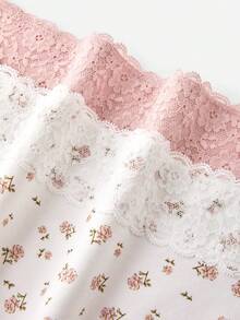 LUVLETTE Plus 2条装蕾丝边纯棉高腰三角裤女士内裤套装 - 花卉印花蕾丝边 - 彩色 - 查看 5