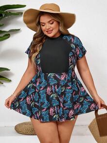SHEIN CURVE+ 大码女式树叶印花保守款坦克比基尼泳衣套装，适合夏季海滩度假 - 黑色 - 查看 1