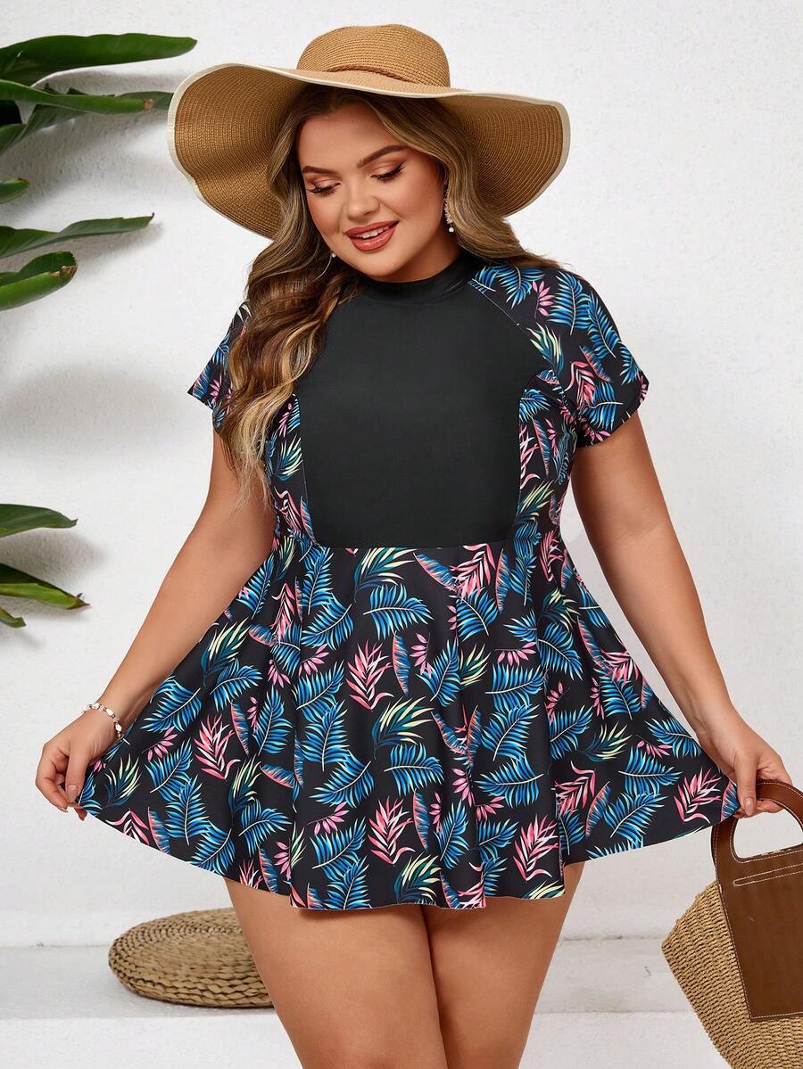 SHEIN CURVE+ 大码女式树叶印花保守款坦克比基尼泳衣套装,适合夏季海滩度假 - 黑色 - 查看 1