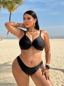 Swim Vcay Áo bikini xếp ly xoắn màu trơn dành cho nữ cỡ lớn mặc đi biển mùa hè - màu đen - Xem 3