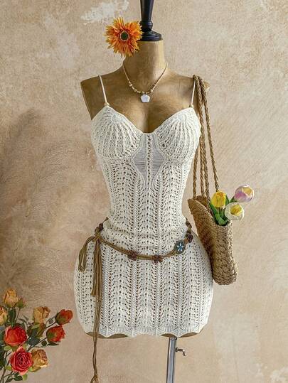 Soleia Women's Solid Color Hollow-Out Knit Spaghetti Strap Vacation Beach Dress