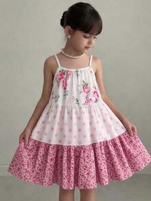 SHEIN Young Girls Pink Ditsy Floral Dress, Girls White Summer Party Ditsy Floral Contrast Color Polka Dot Spaghetti Strap Sleeveless Tiered Flowy Sundress - Pink - View 12