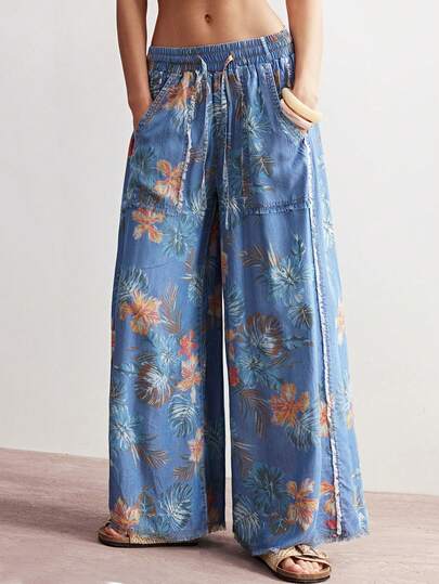 Bohemela Pantalones vaqueros de pierna ancha con lavado vintage, estampado floral vintage, estilo bohemio vintage para mujer, adecuados para vacaciones en la playa, uso diario, vuelta al colegio, salidas y fiestas, graduación, estilo boho primavera/verano, estilo occidental y campestre, apropiados para conciertos y fiestas, vacaciones de verano