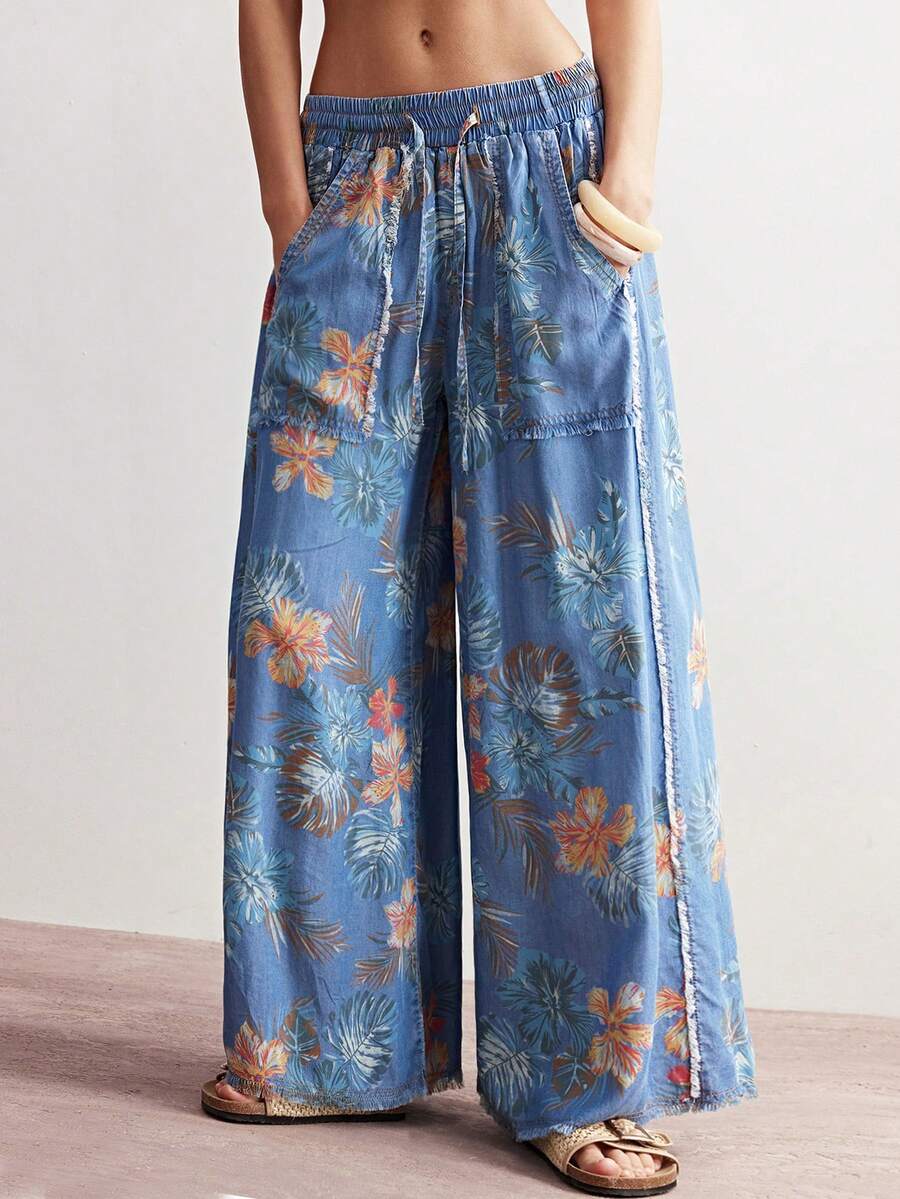 SHEIN BohoFeels Boho Spring/Summer, Vintage Women's Casual Woven Bohemia Vintage Floral Print Vintage Washed Wide Leg Pants, Casual Vacation, Western Country Style Concert Party, Suitable For Beach Vacation & Daily Wear & Back To School & Going Outs & Party & Graduation, 2000s, Y2Ks, Summer Holidays - Blue - View 1