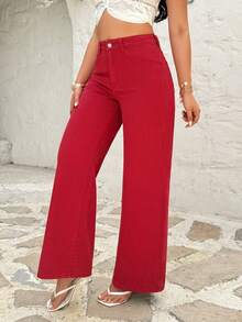 SHEIN EZwear 女士口袋宽松阔腿休闲百搭牛仔裤 - 紅色 - 查看 6