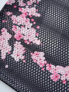 ROMWE MEN Prep Men's Summer Casual Floral & Numeric Print Hollow Out T-Shirt - Black - View 4