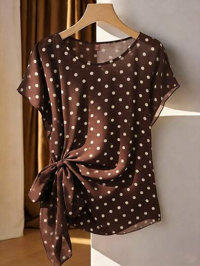 Franclia Plus Size Yellow Heart Tie Bow Chiffon Blouse, Spring/Summer Western Polka Dot Pokadot Top Polka Dot Blouse Brown Blouses For Women Coffee Brown Top Chocolate Brown Top Brown Polka Dot Top