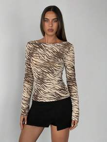 Aloruh 女士优雅露背动物纹T恤，春季女装，女士外出上衣，夏季度假 - 彩色 - 查看 3