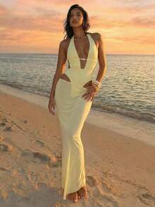 Aloruh 女士新款纯色浅黄色/米色连体泳衣，配低腰超长罩裙，串珠波西米亚风沙滩度假装 - 淡黃色 - 查看 5