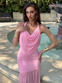 Aloruh 女士新款优雅垂褶领粉色长裙/钩针编织吊带裙/性感露背连衣裙/浪漫婚礼季/海滩度假/派对礼服/夏日连衣裙 - 粉色 - 查看 3