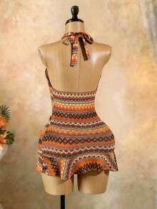 SaltGleam SaltGleam Striped Knit Textured Fabric Ruffle Trim Backless Halter Mini Dress - Multicolor - View 2