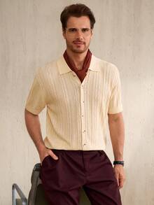 Manfinity CityGents 男士纯色短袖单排扣休闲针织衫 男士钩针衬衫 男士保龄球衫 米色衬衫 - 彩色 - 查看 6