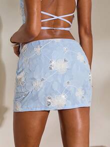 Opulessa Women's Elegant Floral Sequin Embroidered A-Line Skirt, Summer - Brown - View 2