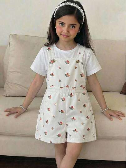 SHEIN Young Girl Girls Romper Summer Tween Girl Romper Kids Romper Overall Shorts Girls Floral Romper Young Girl Casual Flower Pattern Jumpsuit With Solid T-Shirt For Spring And Summer فساتين العيد فستان عي