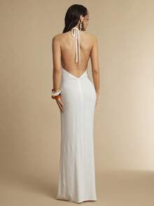 Silquee 女士纯色深V领系带露背优雅简约长连衣裙，夏季 - 白色 - 查看 2