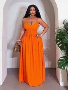 Slaydiva 2026春夏优雅通勤休闲装,生日派对、毕业典礼、学生装、日常外出、百搭单品、休闲度假、邮轮旅行、海滩、日光浴、潮流单品、商务休闲、简约休闲风,适合海滩和夏季穿着。女士无袖收腰A字中长连衣裙 - 橙色,Y2K风格连衣裙,女士长裙,Deeka Wow连衣裙 - 橘色 - 查看 6