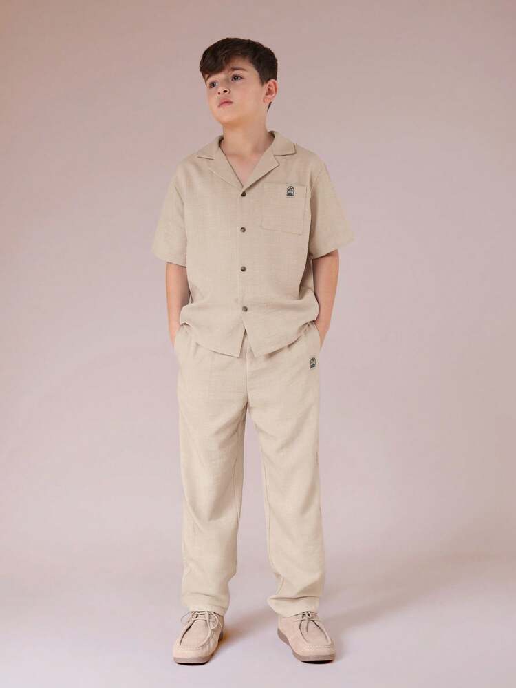 Boys Linen Feel Textured Short Sleeve Button Down Shirt And Casual Pants Two Piece Coordinating Summer Set With Notched Collar