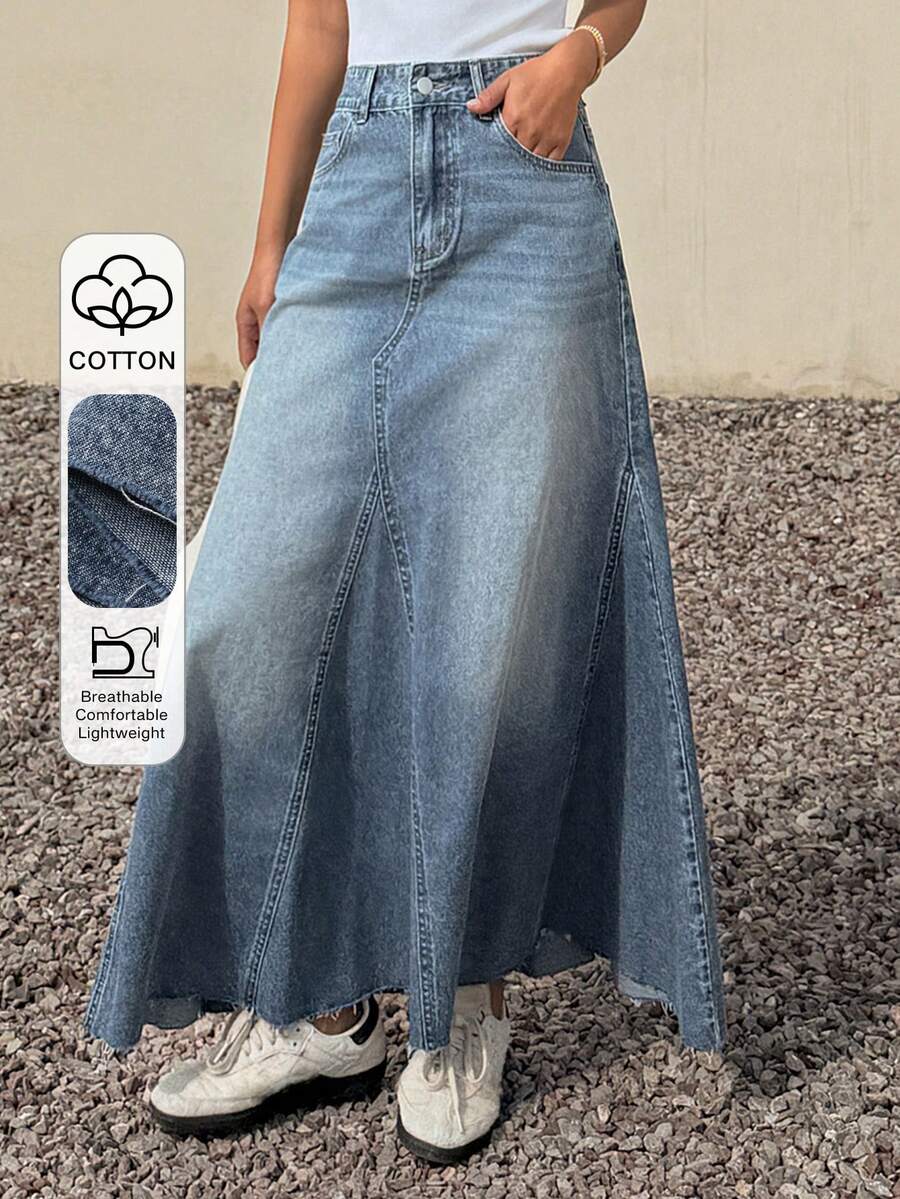 DAZY Falda vaquera elegante con dobladillo de cola de sirena y deshilachado, cintura regular, estilo Y2K para mujer - Azul lavado medio - Ver 1