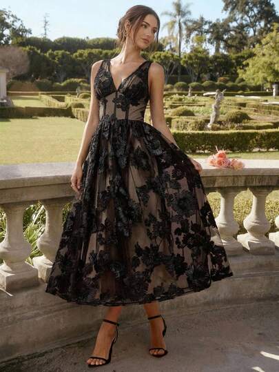Enchnt Spring/Summer Romantic Women's Black Exquisite Floral Embroidered Applique Mesh V-Neck Sleeveless Princess Long Dress,Sweet&Elegant For Vacation&Date&Holiday&Party&Graduation&Wedding Guest&Banquet,Prom Dress,Summer Dresses For Women,Sun Dresses For Women,Summer Clothes, ,Elegant Dresses For Party