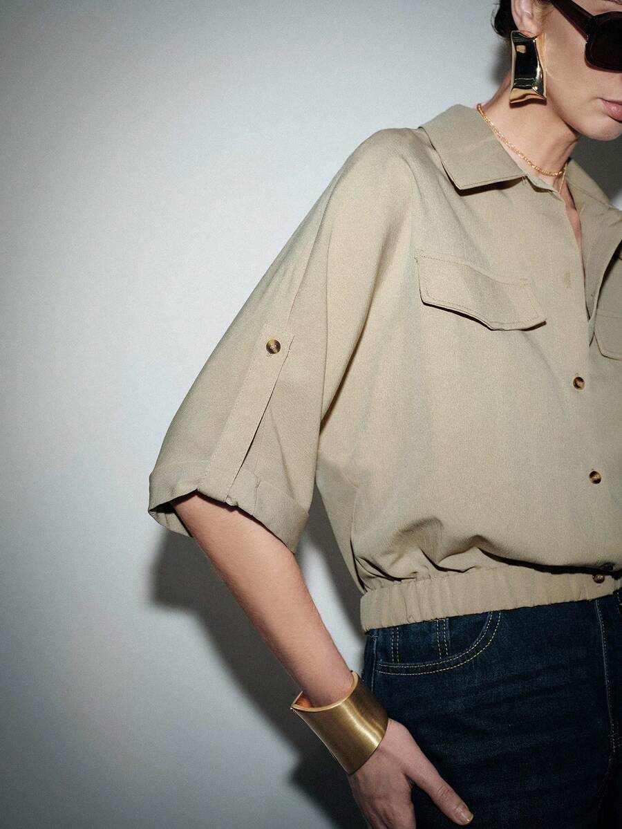 Lumivelle Women's Elegant Commuter Textured Mid-Sleeve Shirt, Summer - Khaki - View 1