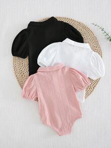 Cozy Pixies 3pcs Baby Girl Solid Color Soft Knit Collared Short Sleeve Romper Set - Multicolor - View 2