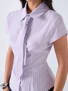 LYSMO 女士休闲条纹短袖衬衫，夏季 - 紫色 - 查看 5