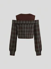 Sweetra Blusa de mujer de talla grande con diseño de hombros descubiertos, parches y lazos, en estilo a cuadros de otoño - Marrón - Ver 2