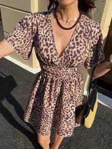 Solivie Women's Leopard Print Overlap V-Neck Ruffle Sleeve Short Casual Dress Cheetah Print Dress Butterfly Sleeve Dress Wrap Dress Animal Print Dress Leopard Print Dress Festival Dresses  Summer Outfits   Summer Dresses  Summer Vacation Outfits Women Going Out Outfits - Brown - View 6