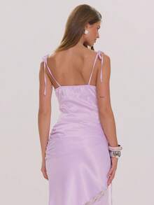 MUSERA Áo hai dây cài cúc viền ren satin, kiểu dáng thanh lịch, thích hợp cho mùa xuân hè, đám cưới, kỳ nghỉ, lễ hội, tuần trăng mật, quán cà phê. - Màu tím hoa cà - Xem 4