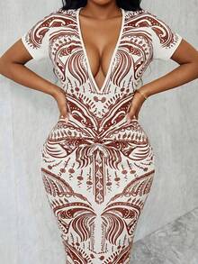 Eryvara 新款时尚印花V领褶皱修身连衣裙 - 彩色 - 查看 6