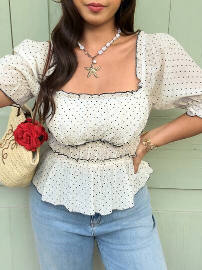 Vionelle Blusa de manga corta con estampado de lunares franceses para mujer de talla grande, primavera/verano