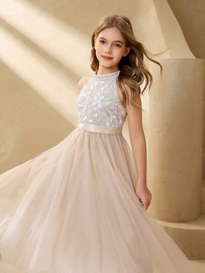 Tween Girls Elegant Sweet 3D Floral Decor Embroidered Lace & Satin Mesh Dress, Suitable For Wedding, Prom, Birthday Party, Banquet