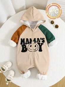 新生儿男女宝宝秋冬服装套装，连体衣，撞色加厚连帽连体裤，卫衣，舒适百搭时尚休闲基础款大字母印花，适合室内、户外滑雪、日常穿着、运动、玩耍、派对、拍照、节日、万圣节等场合。 - 杏色 - 查看 4