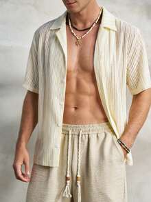 Airaco Men's Mesh Woven Striped Vacation Short Sleeve Shacket - Multicolor - View 1