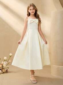 Tween Girl Solid Color Bow Decor Elegant Camisole Party Dress Elegant Dresses For Girls Flowergirl Dress - Champagne - View 4