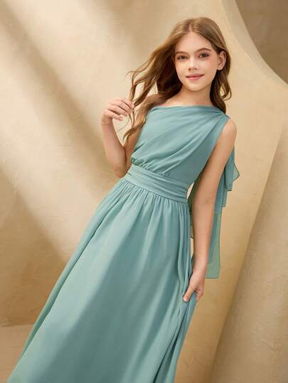 SHEIN 少女纯色单肩荷叶边设计优雅派对连衣裙