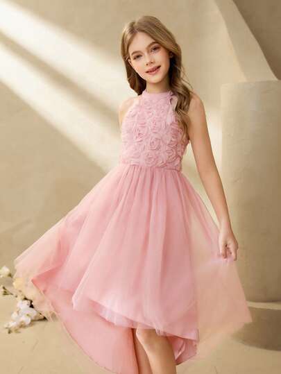 Tween Girls' Elegant Graceful Luxurious Pink 3D Rose Halter Design Cinched Waist Gorgeous Soft Double-Layer Tulle Puff Dress Formal Gown