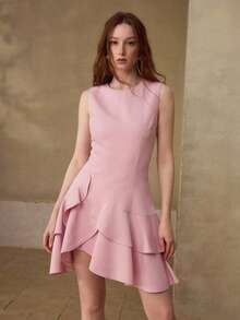 MOTF PREMIUM ASYMMETRICAL HEM MINIMALIST ROUND NECK SHORT DRESS - Pink - View 5