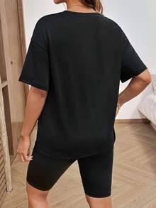 SHEIN Maternity Casual Bow Print T-Shirt And Shorts 2 Pieces Set, Summer - Black - View 4