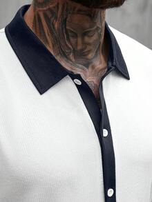 Manfinity CasualCool 男士撞色滚边纽扣短袖衬衫和纯色短裤套装 - 藏蓝色 - 查看 4