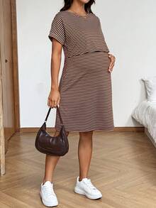 SHEIN 孕妇夏季休闲条纹哺乳连衣裙 - 棕色 - 查看 4