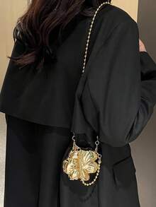 SHEIN Glamour New Floral Chain Shoulder Crossbody Bag, Fashionable & Sweet Evening Clutch, Wedding - Gold - View 4