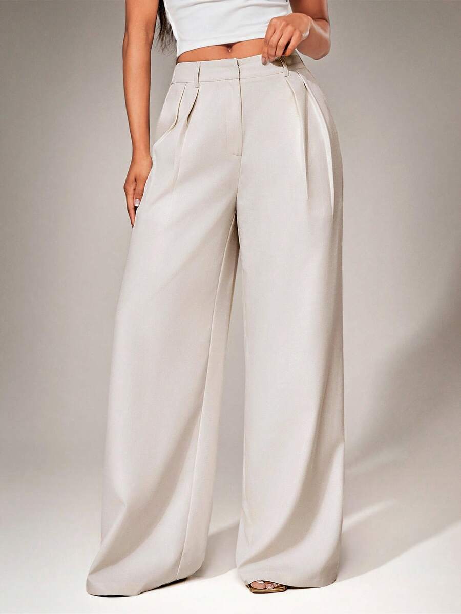 Radiana 女士夏季简约宽松卡其色阔腿裤，舒适亚麻长裤，办公休闲裤，卡其色阔腿裤，高腰阔腿裤，卡其色西装裤，高腰裤，女士长裤 - 卡其色 - 查看 1