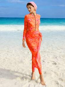 Swim Shayni 女士印花长袖拉链连体泳衣套装，含罩衫和裙子，度假款 - 橘色 - 查看 8