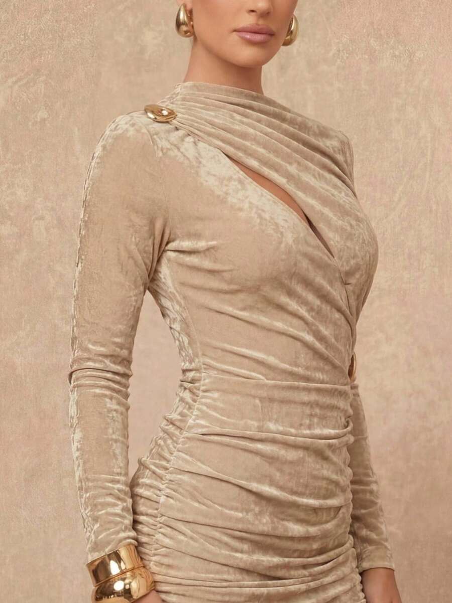 Lumalex 褶皱镂空金属装饰修身收腰长袖迷你连衣裙（女款） - 卡其色 - 查看 1