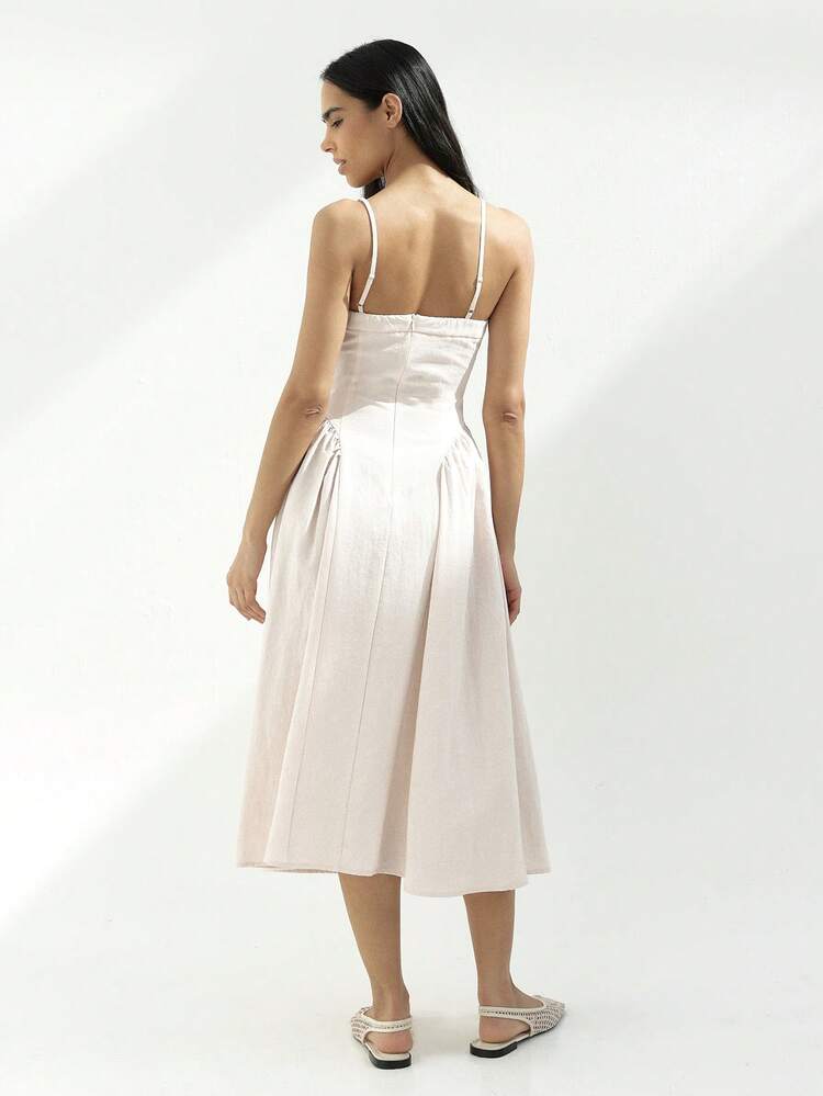 KSTM Women's Square Neck Panelled Midi Dress With Adjustable Straps A-Line Sleeveless Summer Wedding Guest Feminine Elegant Casual
