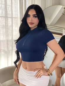 SHEIN SXY Áo thun nén thể thao màu xanh hải quân, khóa kéo phía trước. - Màu xanh lam - Xem 7