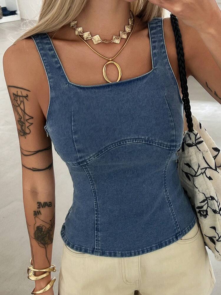 Women's Summer Square Neck Strap Denim Crop Top, Backless With Bow Decor, Casual Denim Camisole