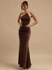 SHEIN BAE 棕色针织拼接缎面鱼尾吊带裙，优雅连衣裙，适合情人节、派对、伴娘、舞会、工作、生日、毕业典礼、返校等场合。 - 棕色 - 查看 3